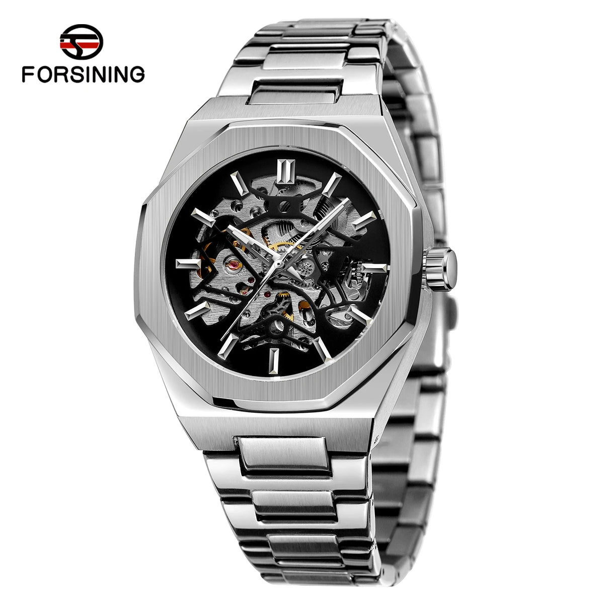 FORSINING 8198 New Automatic Mechanical Men Wristwatch Military Army Sport Male Clock Top Brand Luxury Silver Skeleton Man Watch