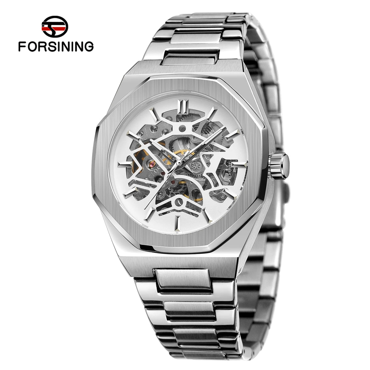 FORSINING 8198 New Automatic Mechanical Men Wristwatch Military Army Sport Male Clock Top Brand Luxury Silver Skeleton Man Watch