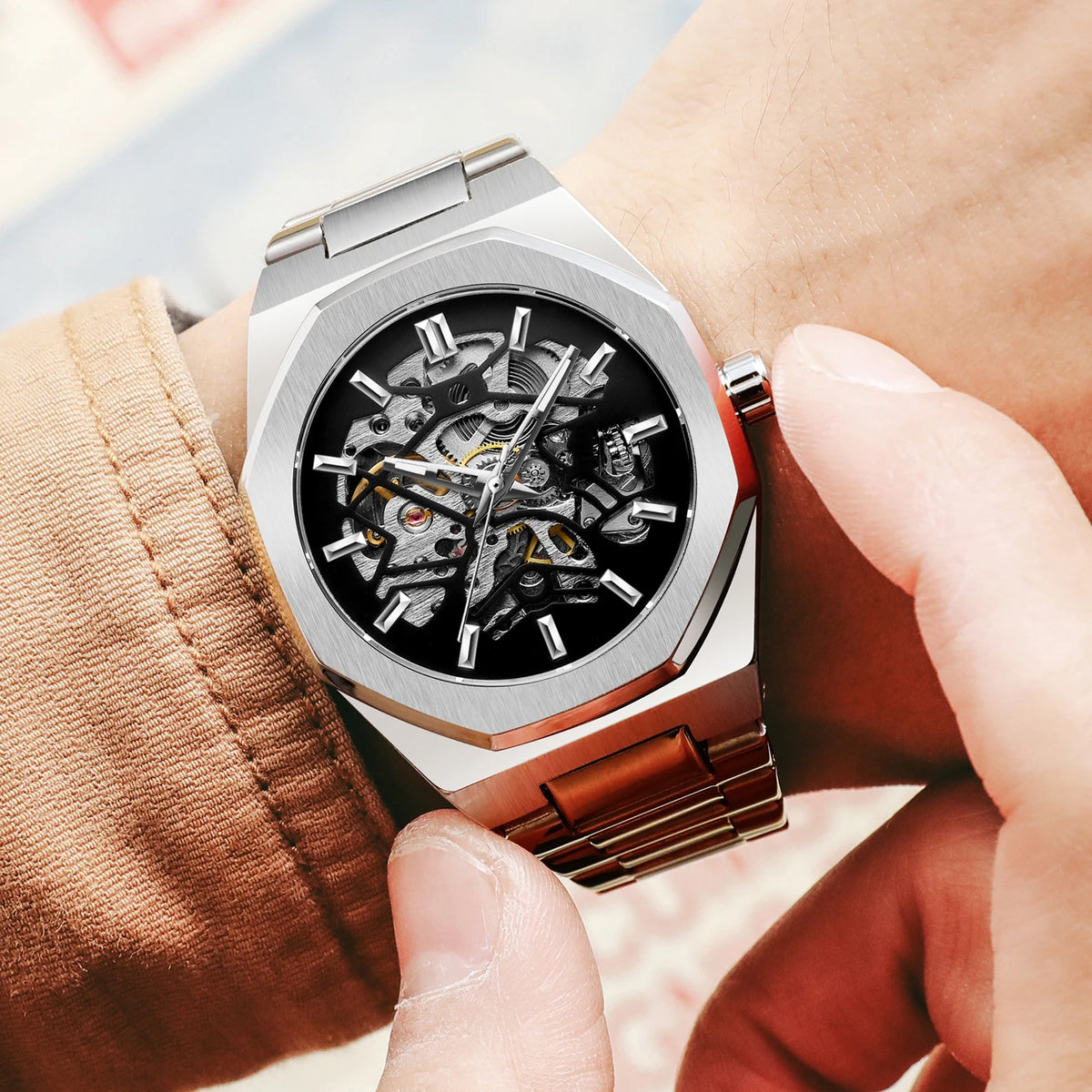 FORSINING 8198 New Automatic Mechanical Men Wristwatch Military Army Sport Male Clock Top Brand Luxury Silver Skeleton Man Watch
