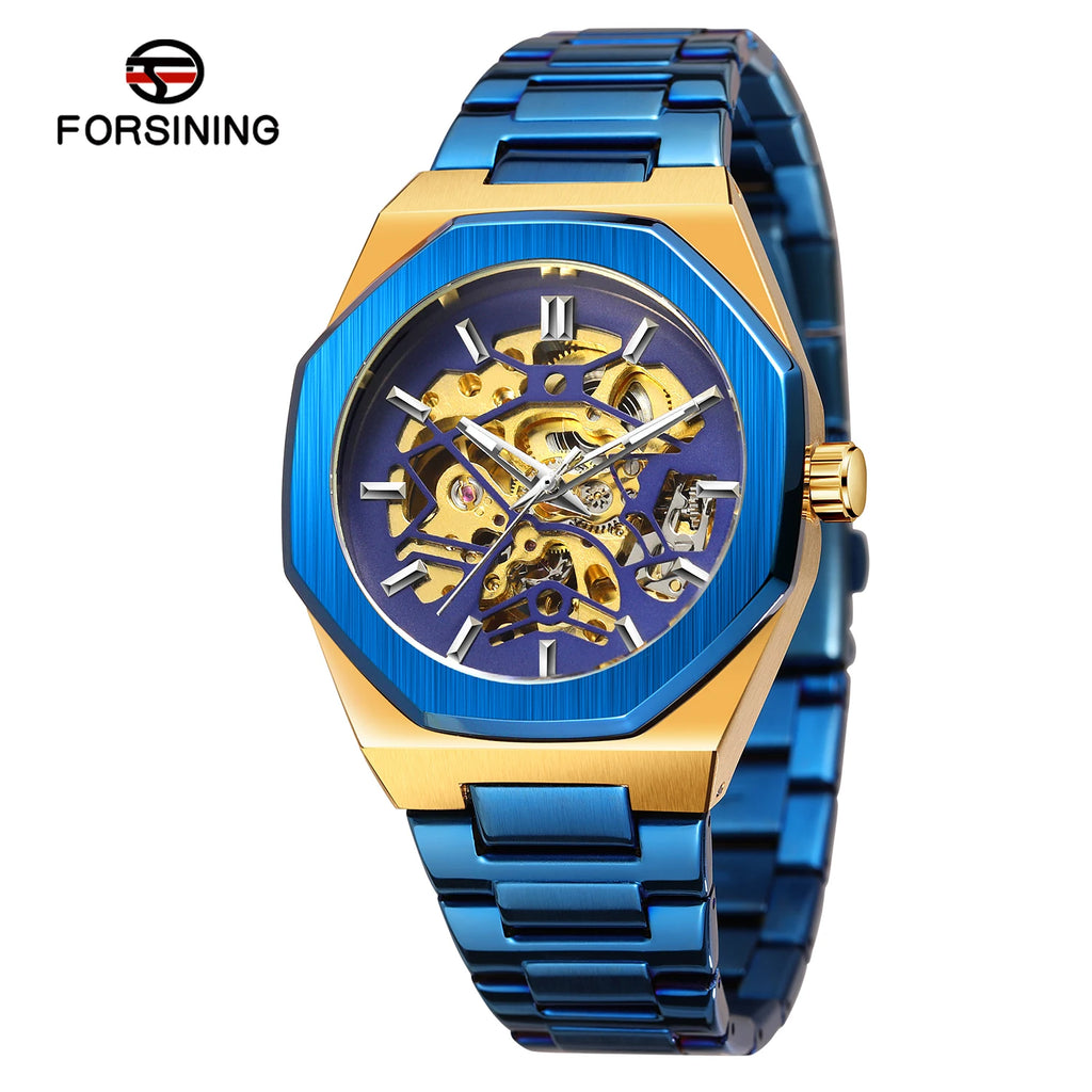 FORSINING 8198 New Automatic Mechanical Men Wristwatch Military Army Sport Male Clock Top Brand Luxury Silver Skeleton Man Watch