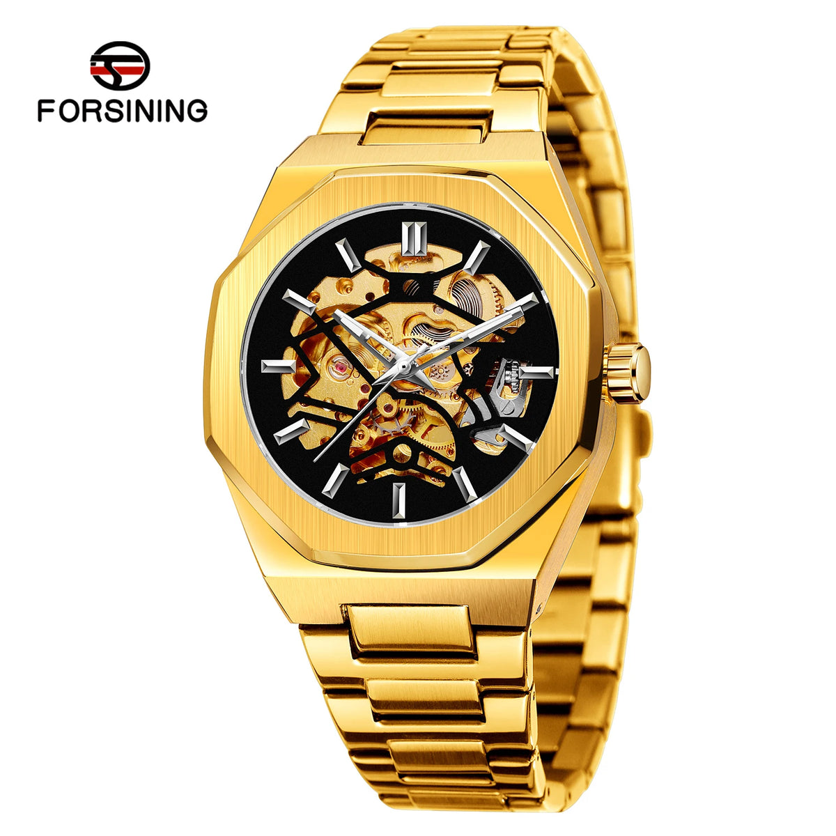 FORSINING 8198 New Automatic Mechanical Men Wristwatch Military Army Sport Male Clock Top Brand Luxury Silver Skeleton Man Watch